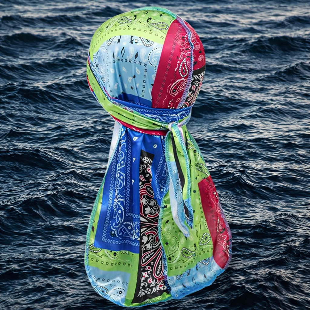 Polyester Satin Patchwork Durag – Light Blue, Royal Blue, Lime Green, Red, Pink, Black & White Bandana Print