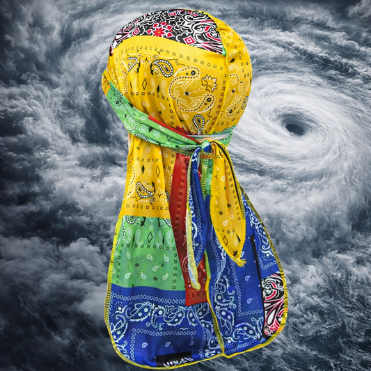 Polyester Satin Patchwork Durag – Yellow, Blue, Lime Green, Pink, Black & White Bandana Print